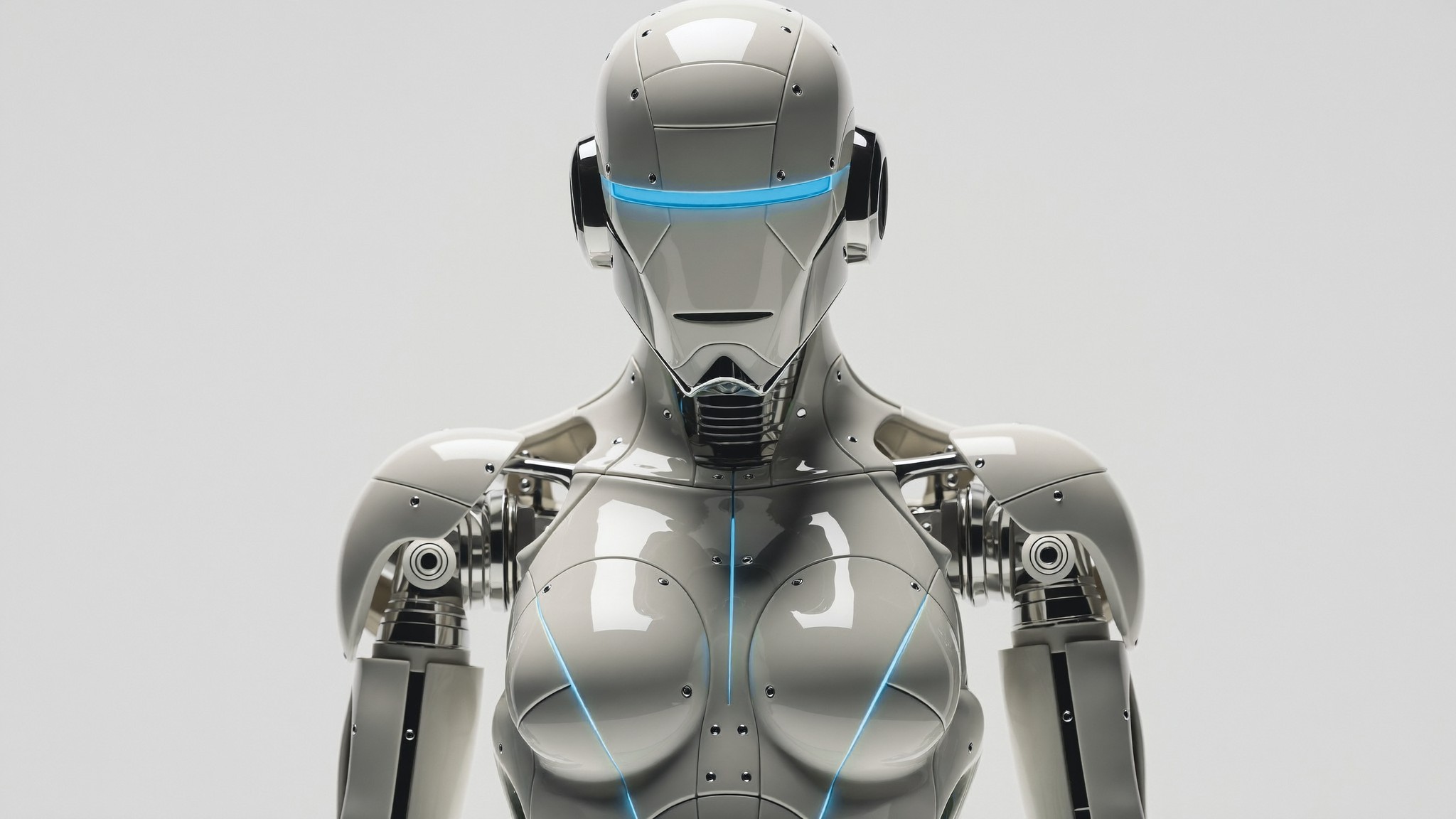 Robotic figure working across floating AI interface panels — IN·DETAIL AI Studio