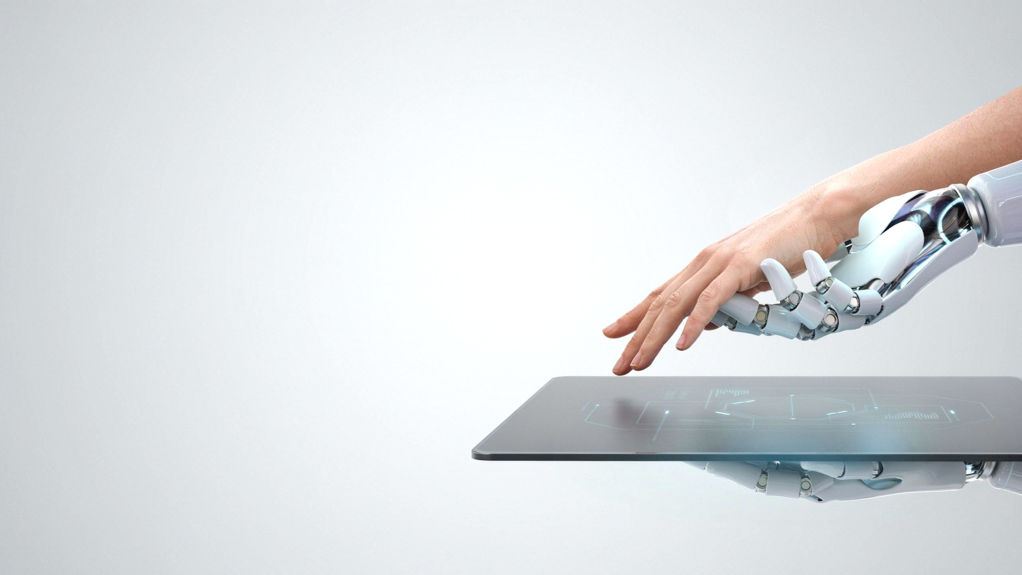 Robotic hand guiding a human hand across a control panel — AI tools training for marketing teams