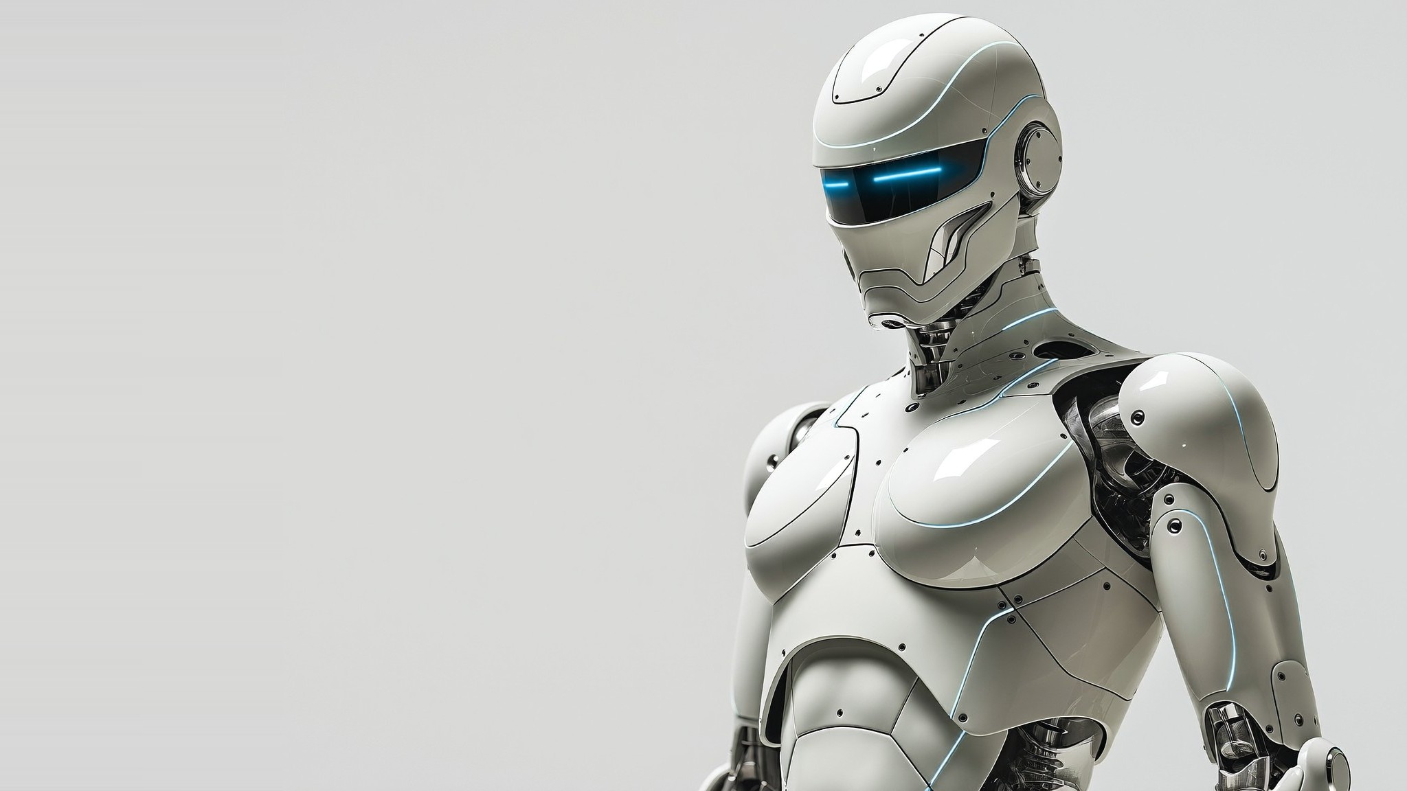Ceramic-white humanoid robot with glowing teal light seams — IN·DETAIL design and advertising agency, Johannesburg