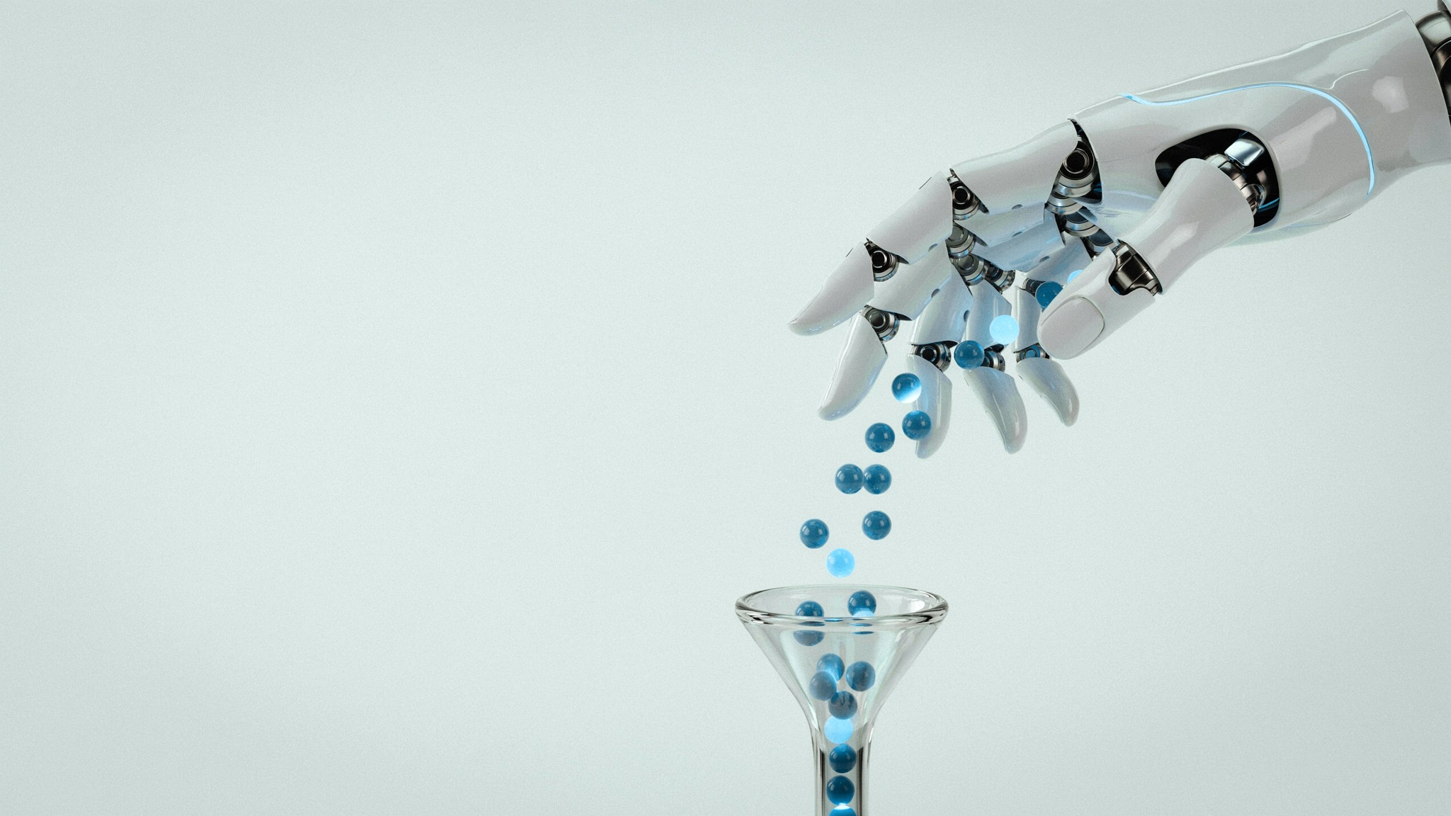 Robotic hand guiding glowing teal spheres down through a funnel — CRM systems built for South African businesses