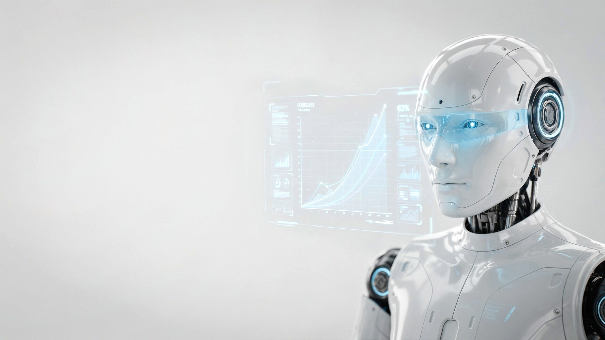 Robotic hand lifting a glowing data graph — predictive analytics and AI marketing intelligence