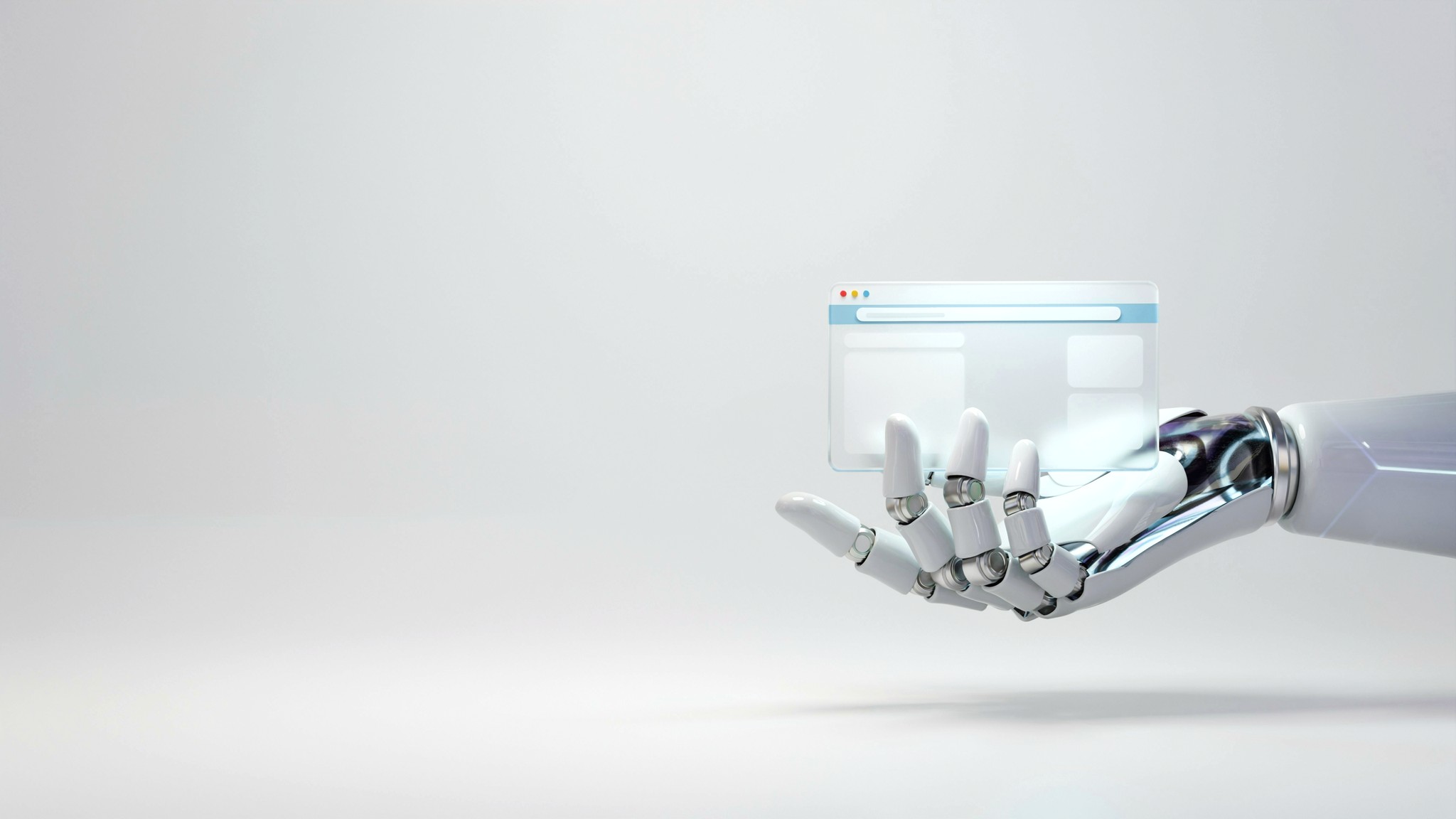 Robotic hand framing a floating browser window layout — website design services, Johannesburg